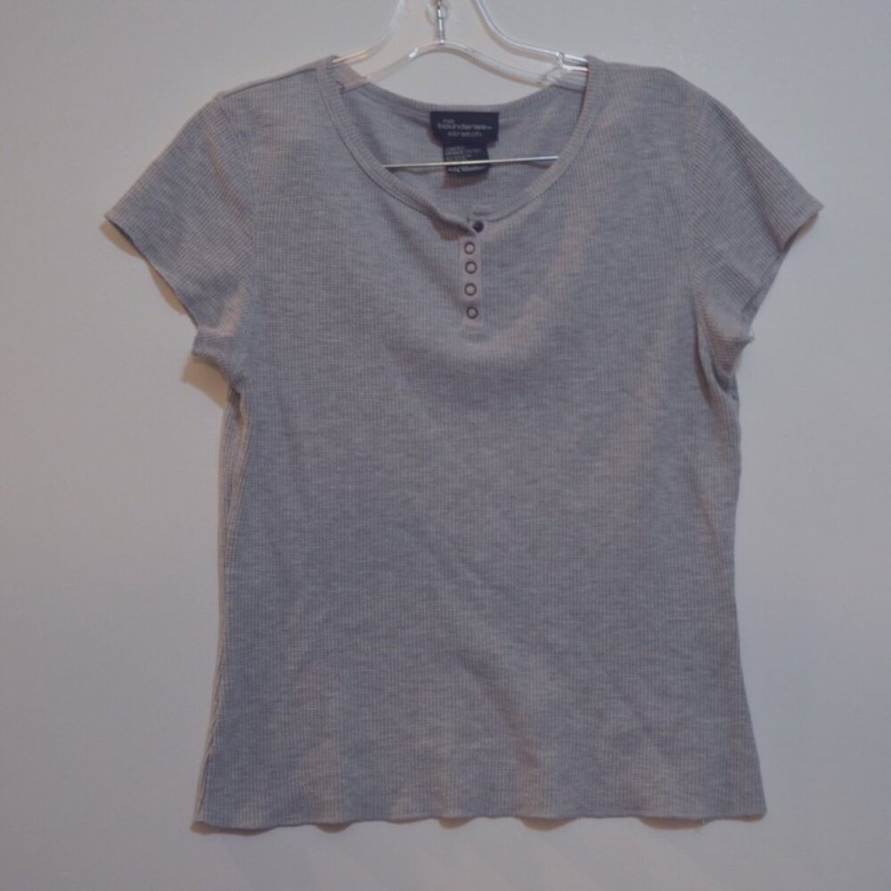 NO BOUNDARIES TM Stretch Knit Grey Short Sleeves 1/4 Snaps Juniors L (11/13)